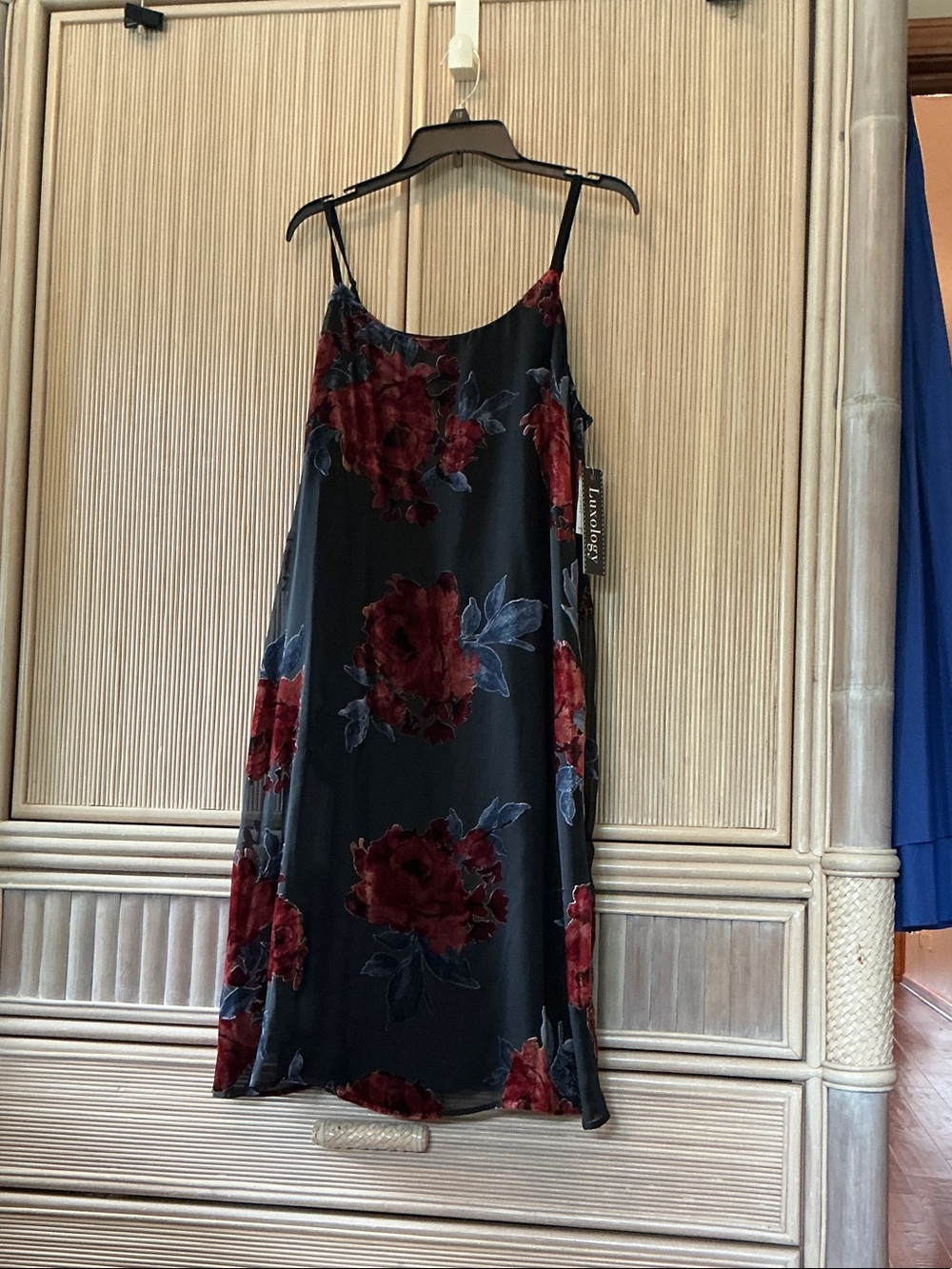 Luxology Black Slip Dress with Red Floral Print